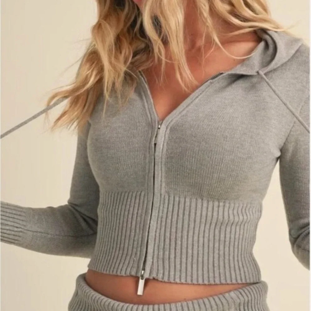 Kimberly C Gray Ribbed Zip Up Crop Top